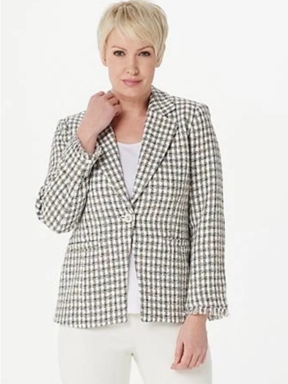 Checked Single-Button Blazer Jacket - Black & White